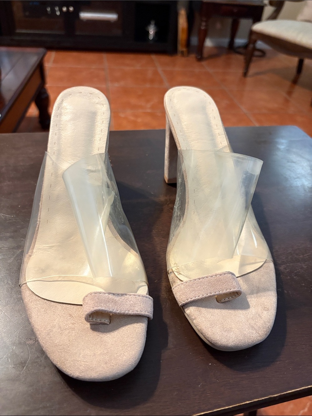 Clear Strap Nude Block Heel Mules
